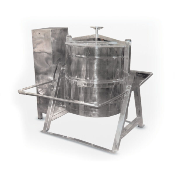 An industrial drum blender with a metal frame and a rotating mechanism inside.