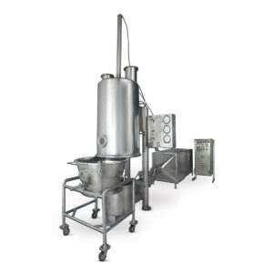 A compact fluid bed dryer with stainless steel construction, ideal for drying granules and powders efficiently.