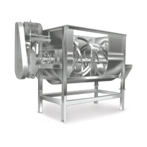 A stainless steel mixer with a large metal drum, known as a Ribbon Blender, used for blending ingredients.
