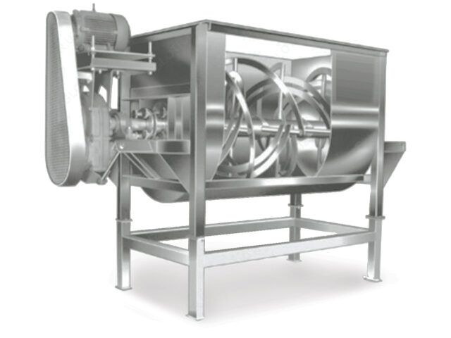 A stainless steel mixer with a large metal drum, known as a Ribbon Blender, used for blending ingredients.