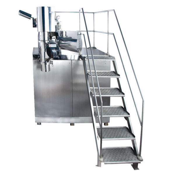 RMG machine featuring metal staircase and table for fast powder granulation and drying in pharmaceutical production.