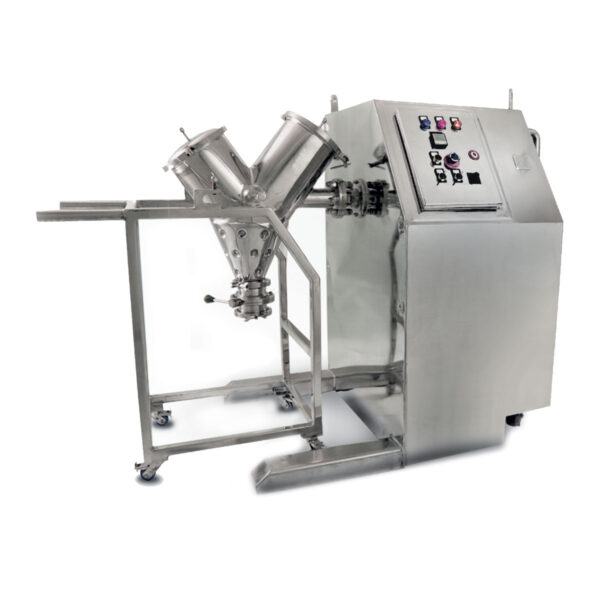 A V-blender, a machine for mixing substances, is shown in the image. It is used to blend different materials together.
