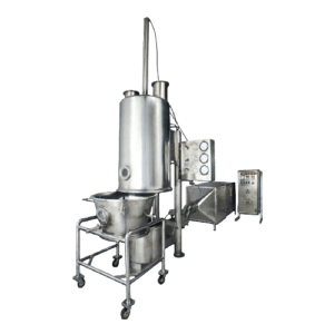 A Fluid Bed Dryer with a large tank and a mixer, used for drying and mixing substances.