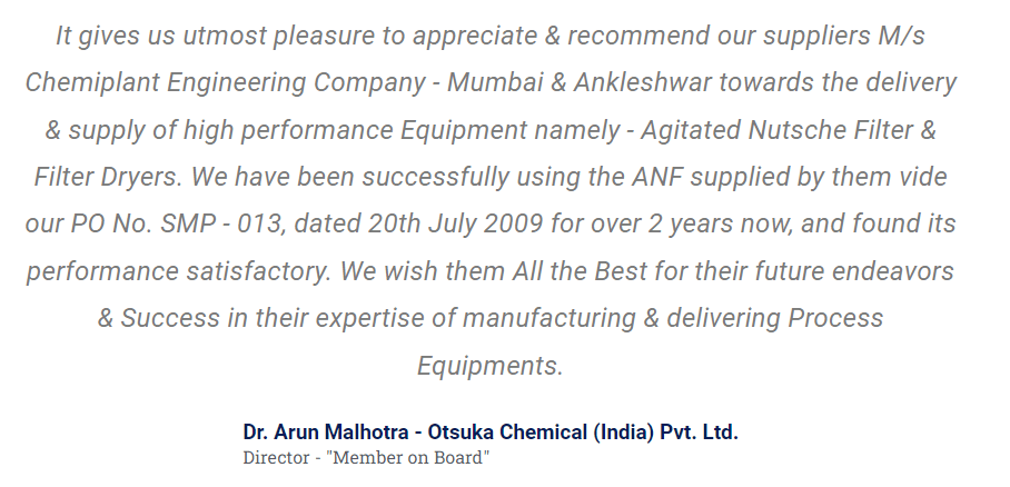 Dr. Arun Malhotra - Otsuka Chemical (India) Pvt. Ltd.  testimonial