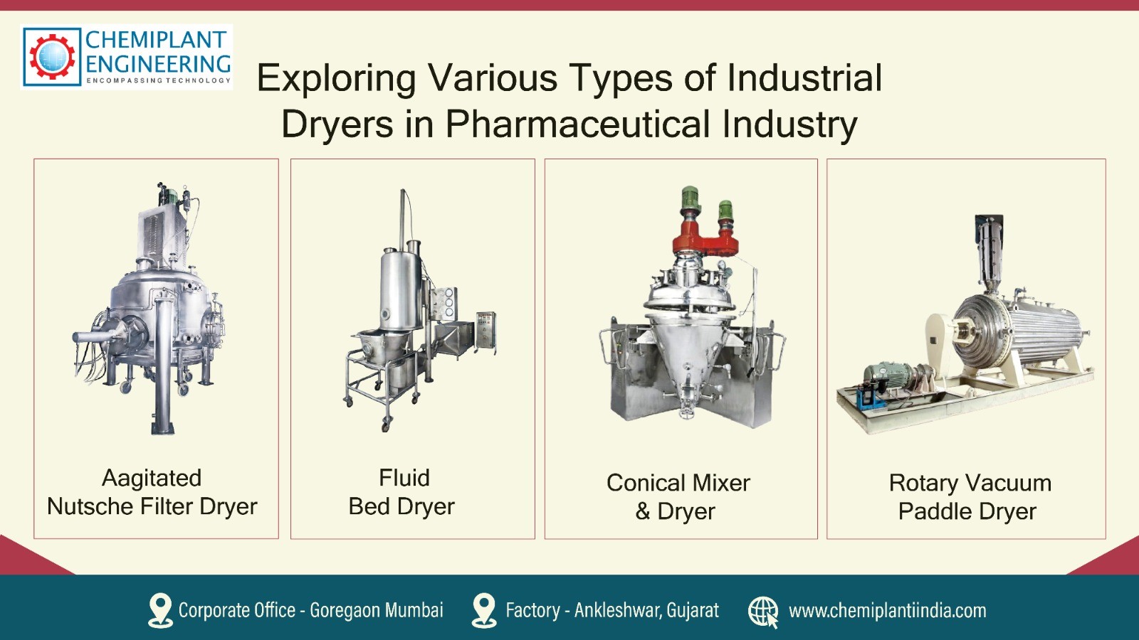 Industrial dryers in pharmaceutical industry: Agitated Nutsche Filter, Fluid Bed Dryer, Conical Mixer & Dryer, Rotary Vacuum paddle dryer